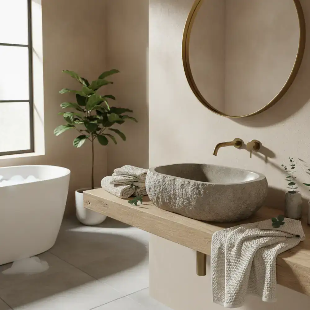 Spa-like bathroom setting with stone basin and organic towels