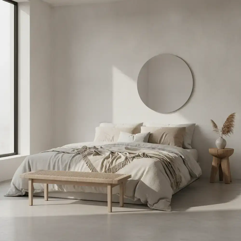 Minimalist bedroom with neutral linens and soft morning light