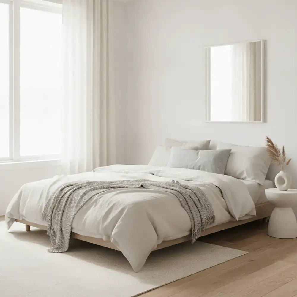 Minimalist bedroom with soft linen textures