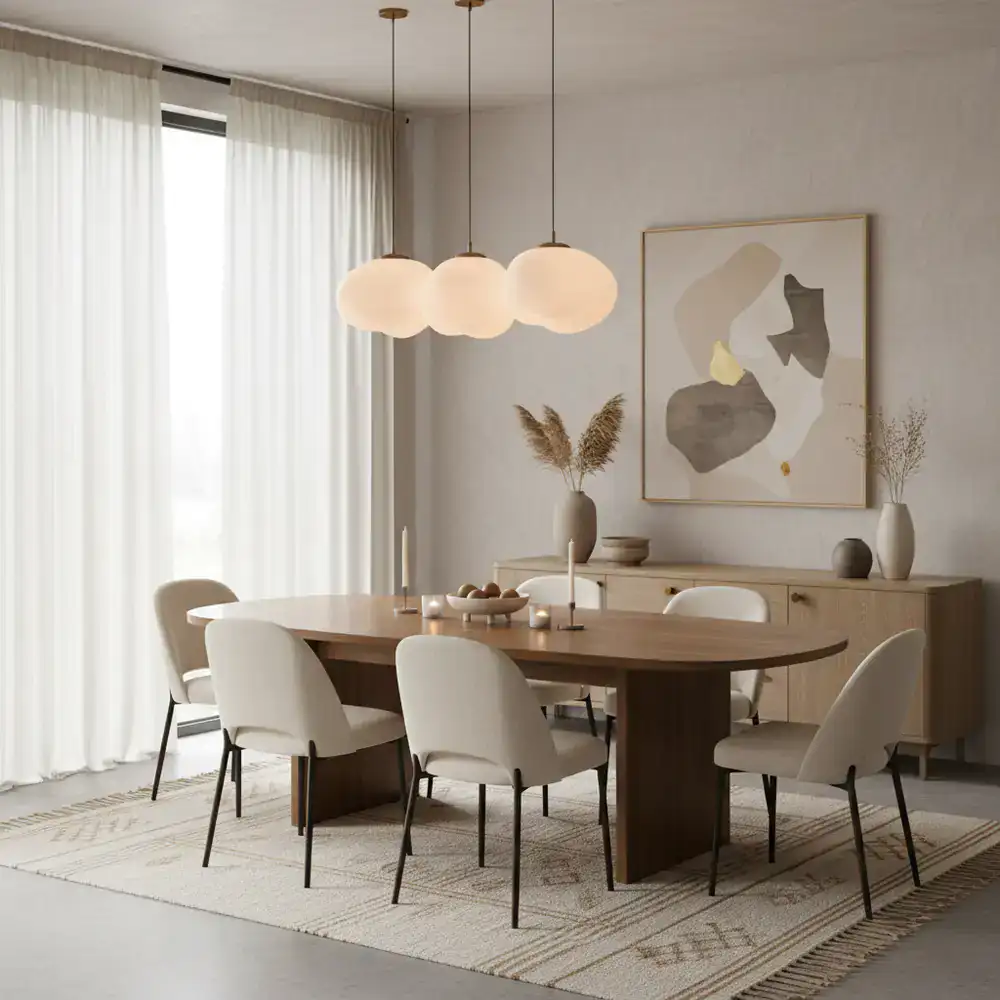 Modern dining area with warm lighting