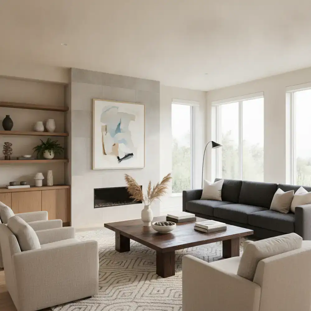 A brightly lit modern living room with neutral tones, dark wood furniture, and a large plush area rug
