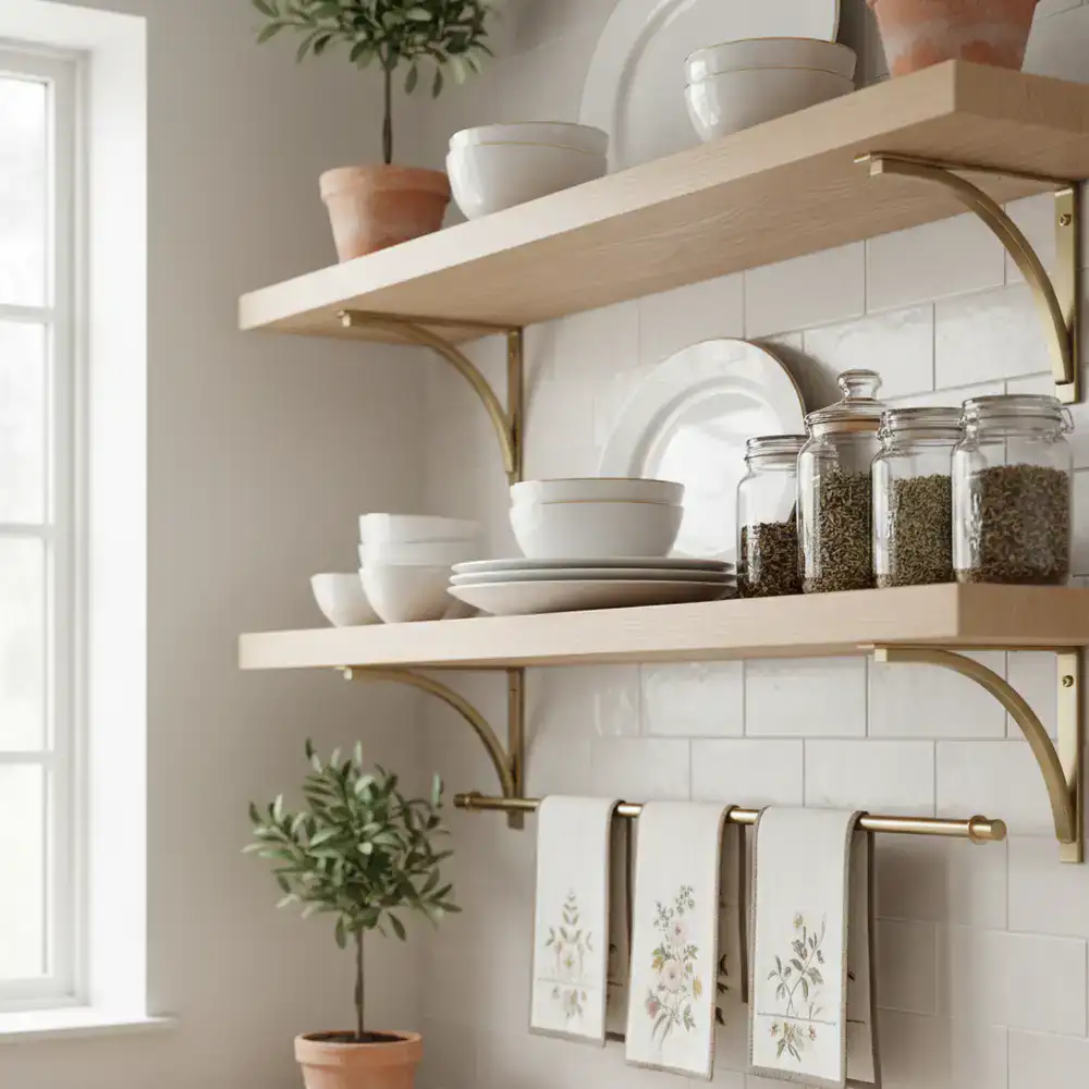 Close up of elegant kitchen shelving