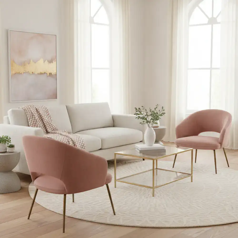 Living room featuring dusty rose accent chairs