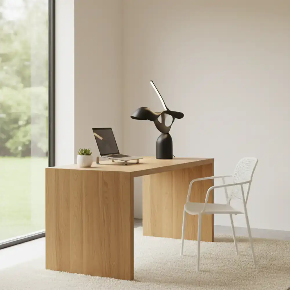 Minimalist home office setup with a sleek wooden desk and a sculptural task lamp