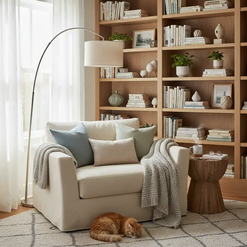 Cozy reading corner with an oversized armchair and built-in bookshelves