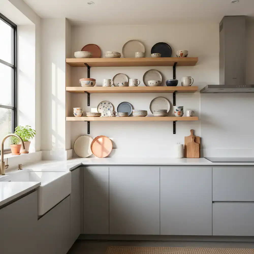 Modern kitchen featuring textured open shelving and handmade ceramic dishware