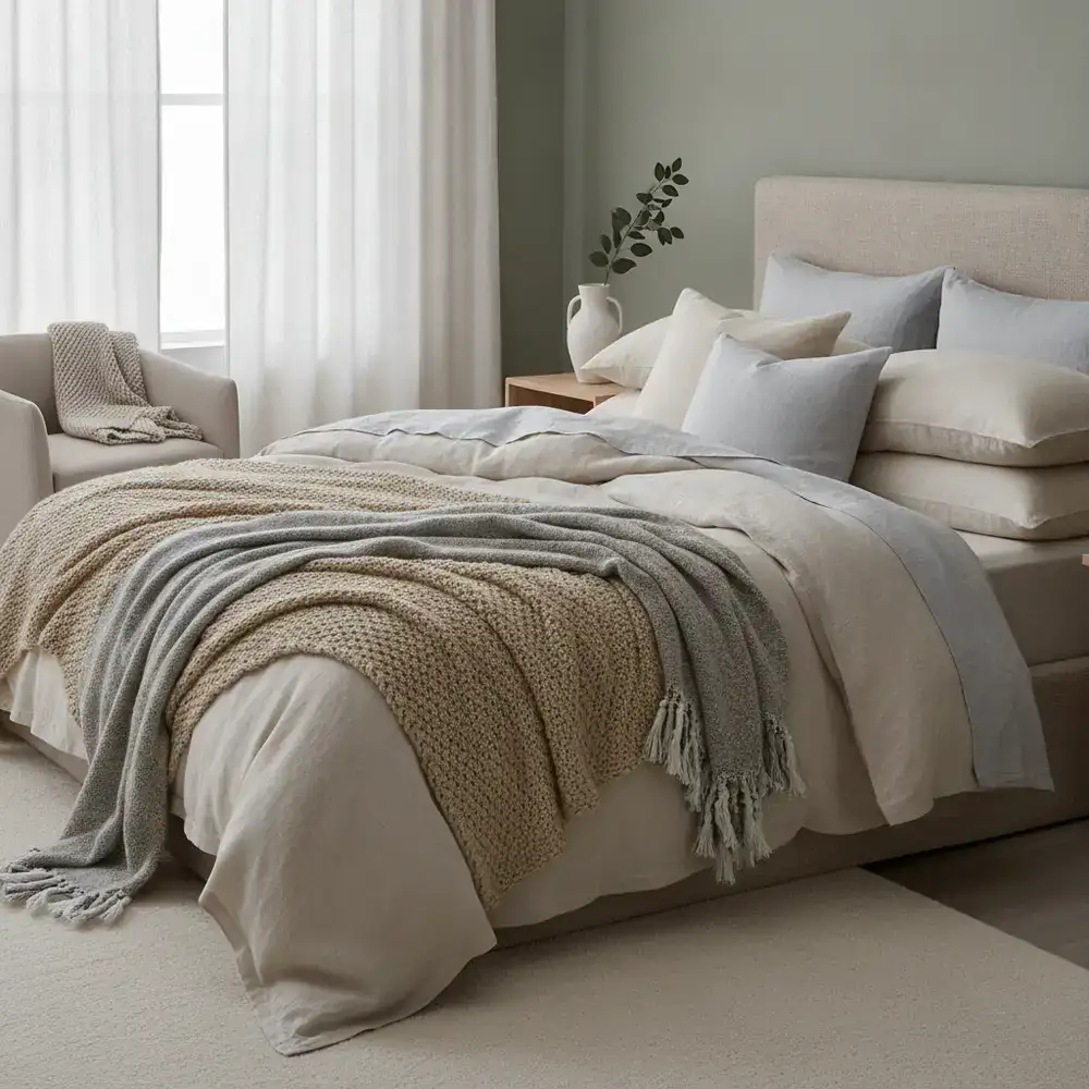Serene bedroom layered in soft linen bedding and textured throw blankets