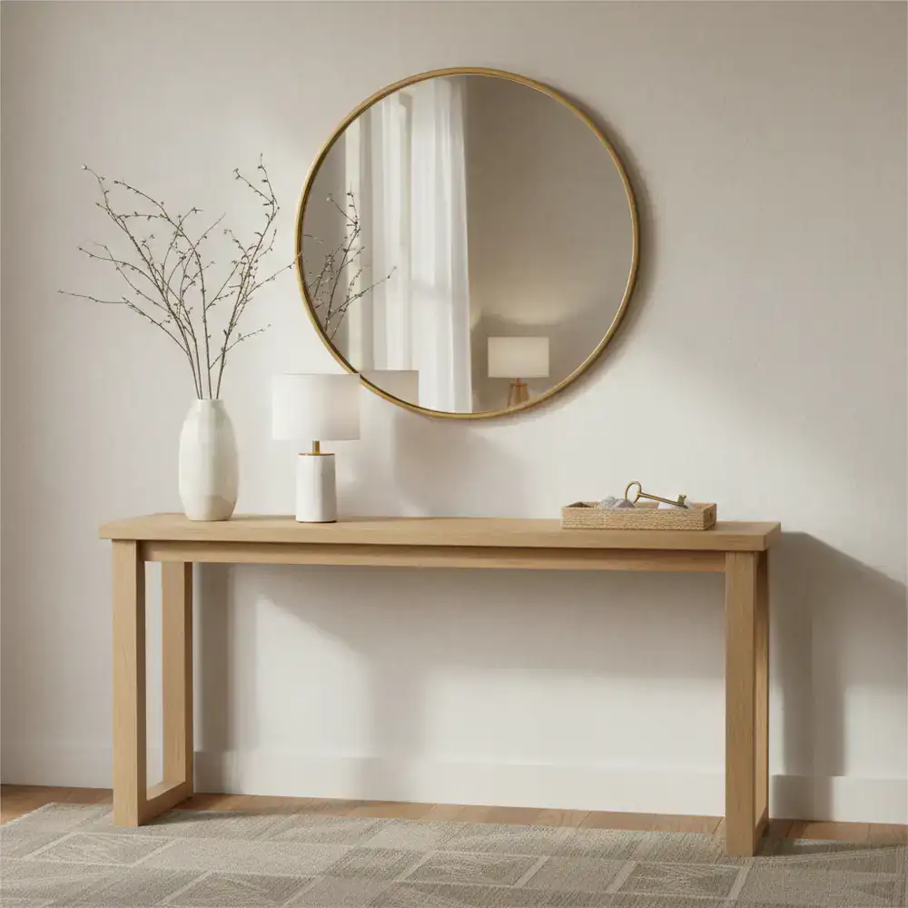 Entryway console table styled with a large round mirror, a vase of branches, and catch-all tray
