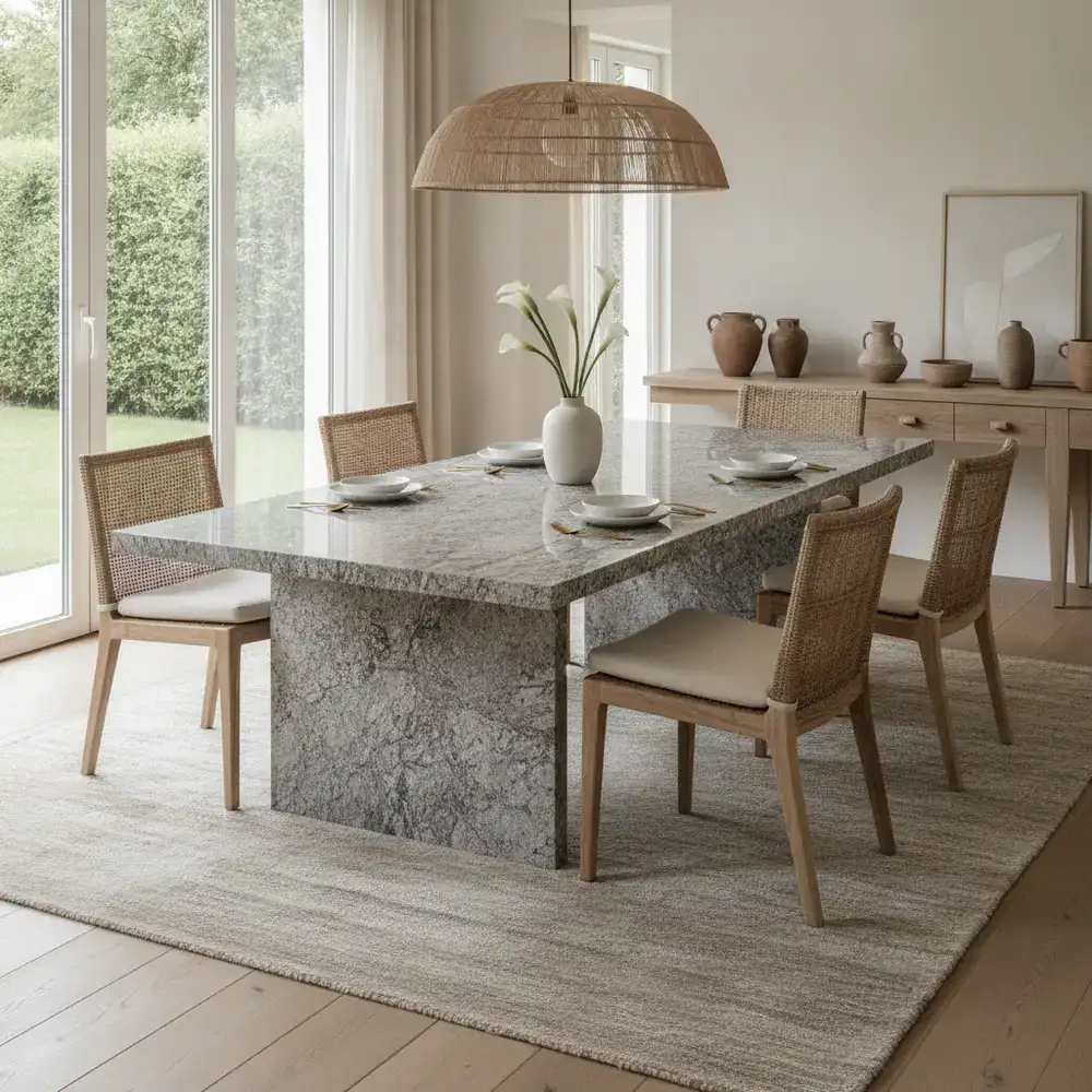 Dining room featuring a solid stone table surrounded by woven dining chairs