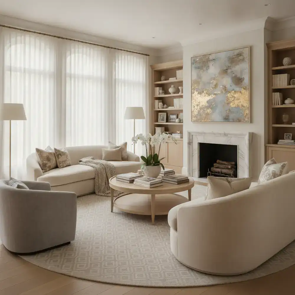 Beautifully styled living room showing soft lighting and elegant furniture