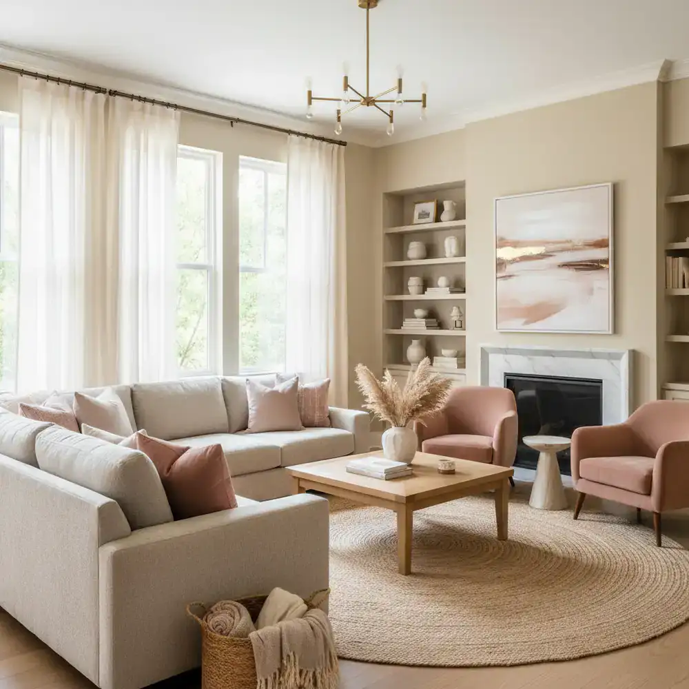 A brightly lit, elegantly styled living room featuring warm sand tones and dusty rose accents.