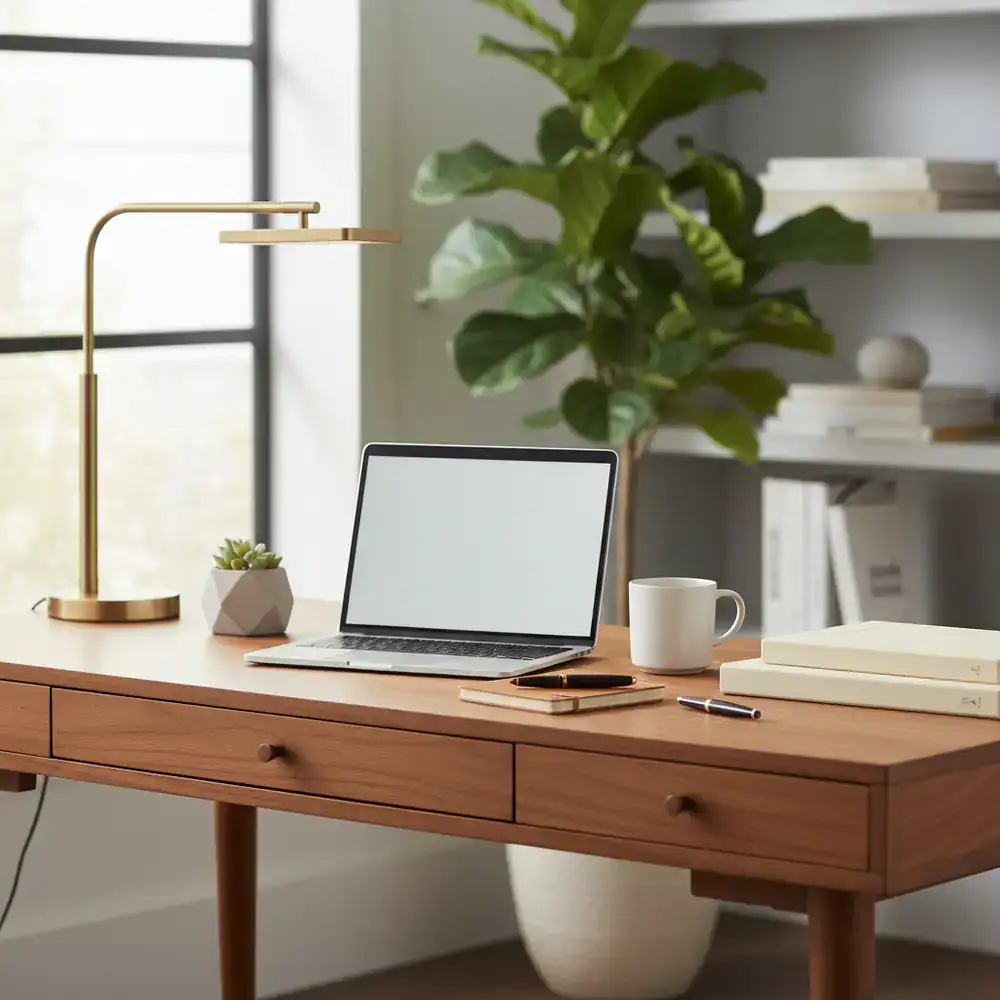 Organized home office desk with natural wood finish and task lighting