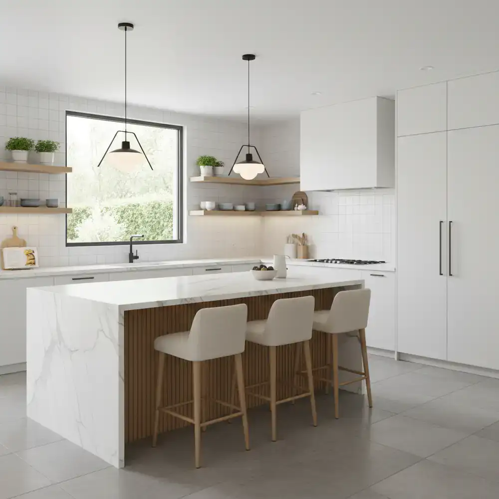 Clean modern kitchen with an elegant island and open shelving