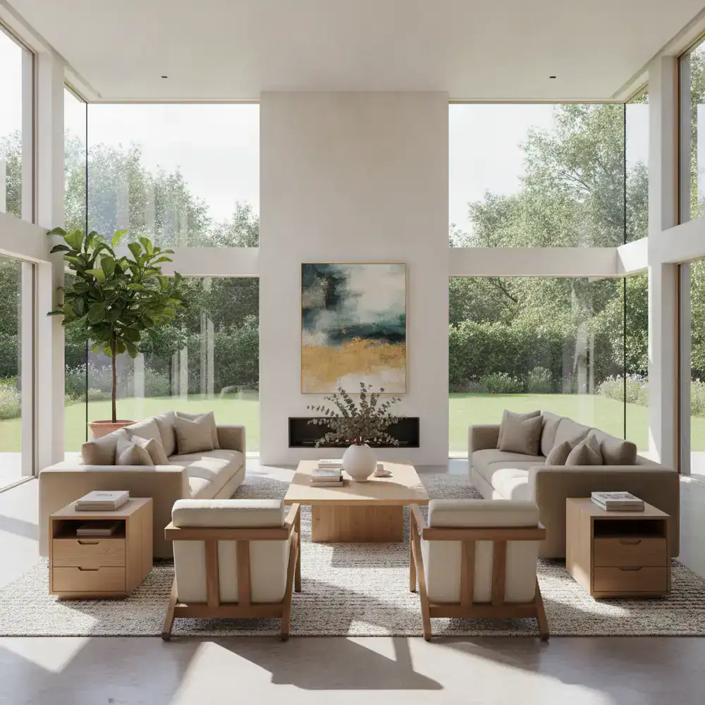 Spacious living room with natural light and structured seating