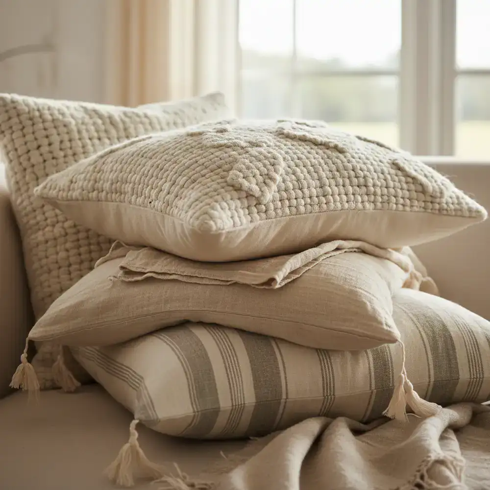 Close up of layered woven and soft textile throw pillows