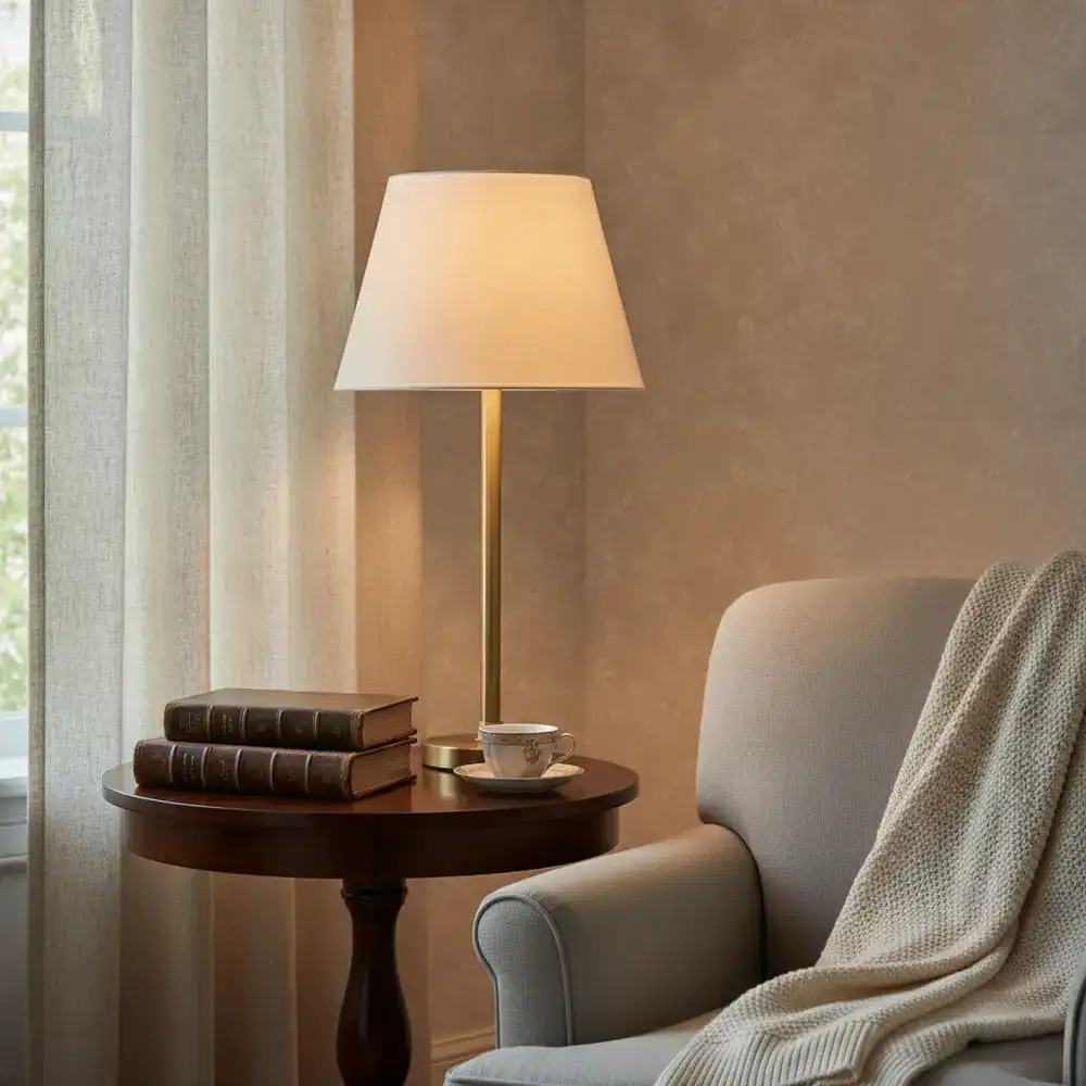 A beautifully lit corner showcasing a warm table lamp