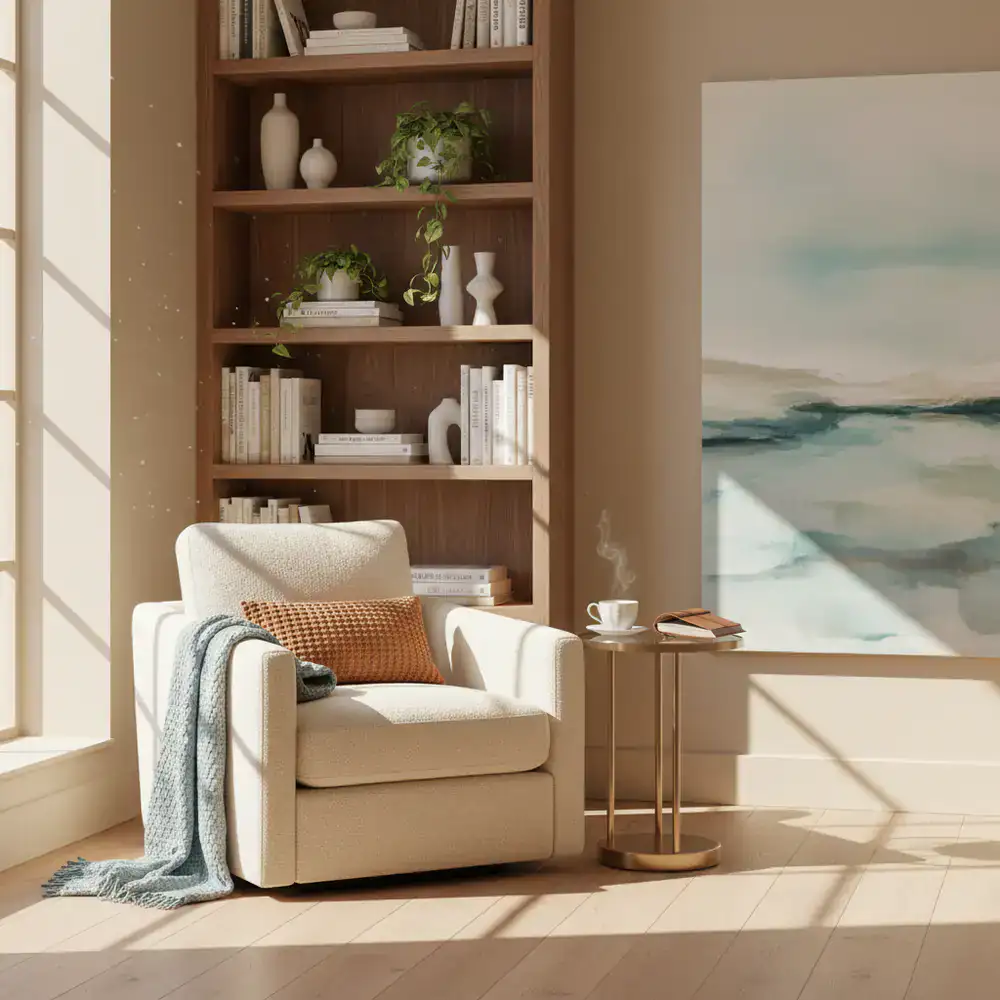 Comfortable armchair in a sunlit corner next to a bookshelf
