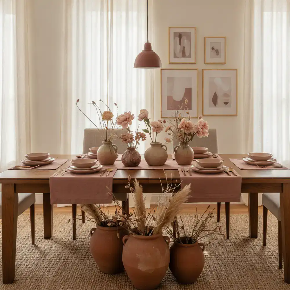 A dining area styled with dusty rose accents and deep clay pottery