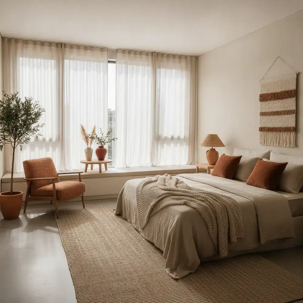 A bedroom interior featuring warm sand and terracotta tones
