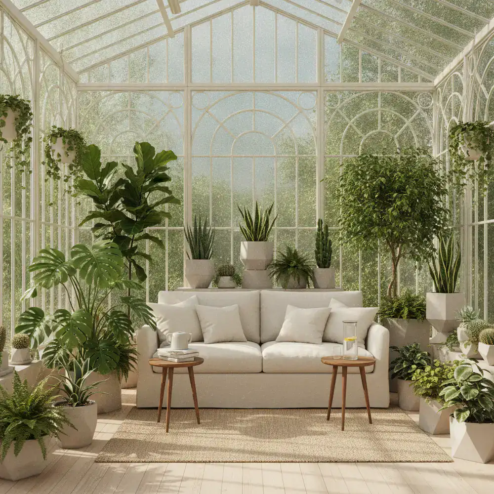 Indoor plants arranged in a bright sunroom