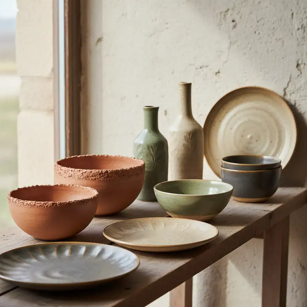 A collection of handmade earthy ceramics on a shelf