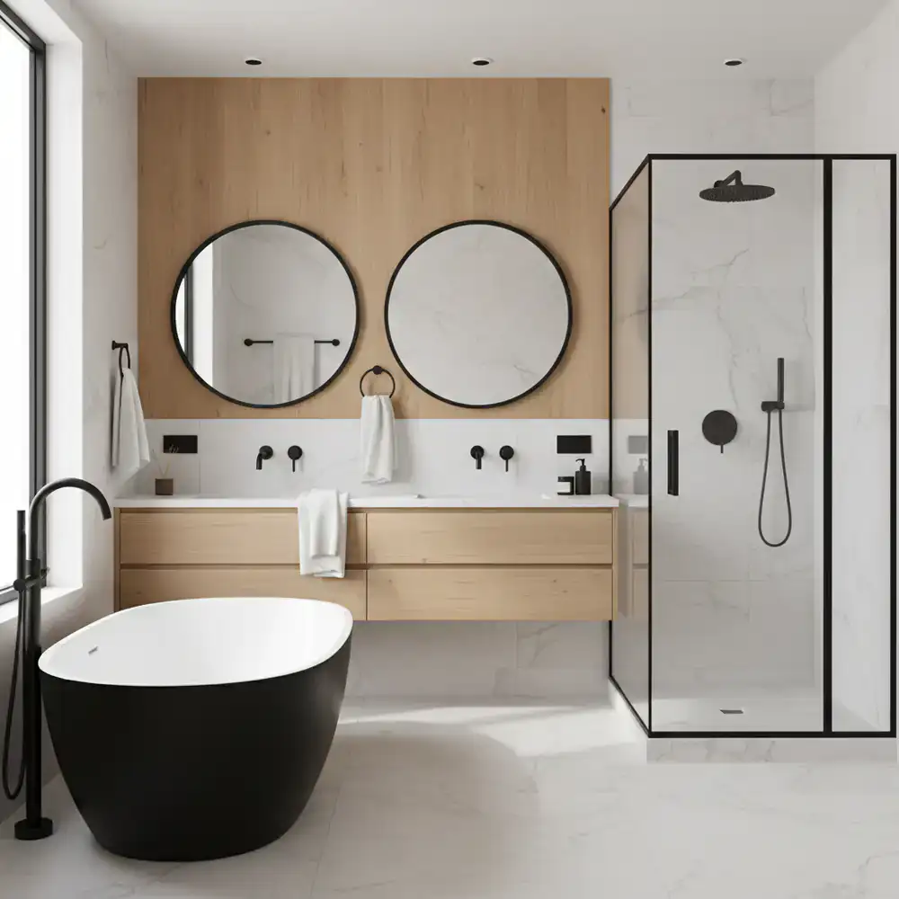 Matte black hardware in a bathroom interior