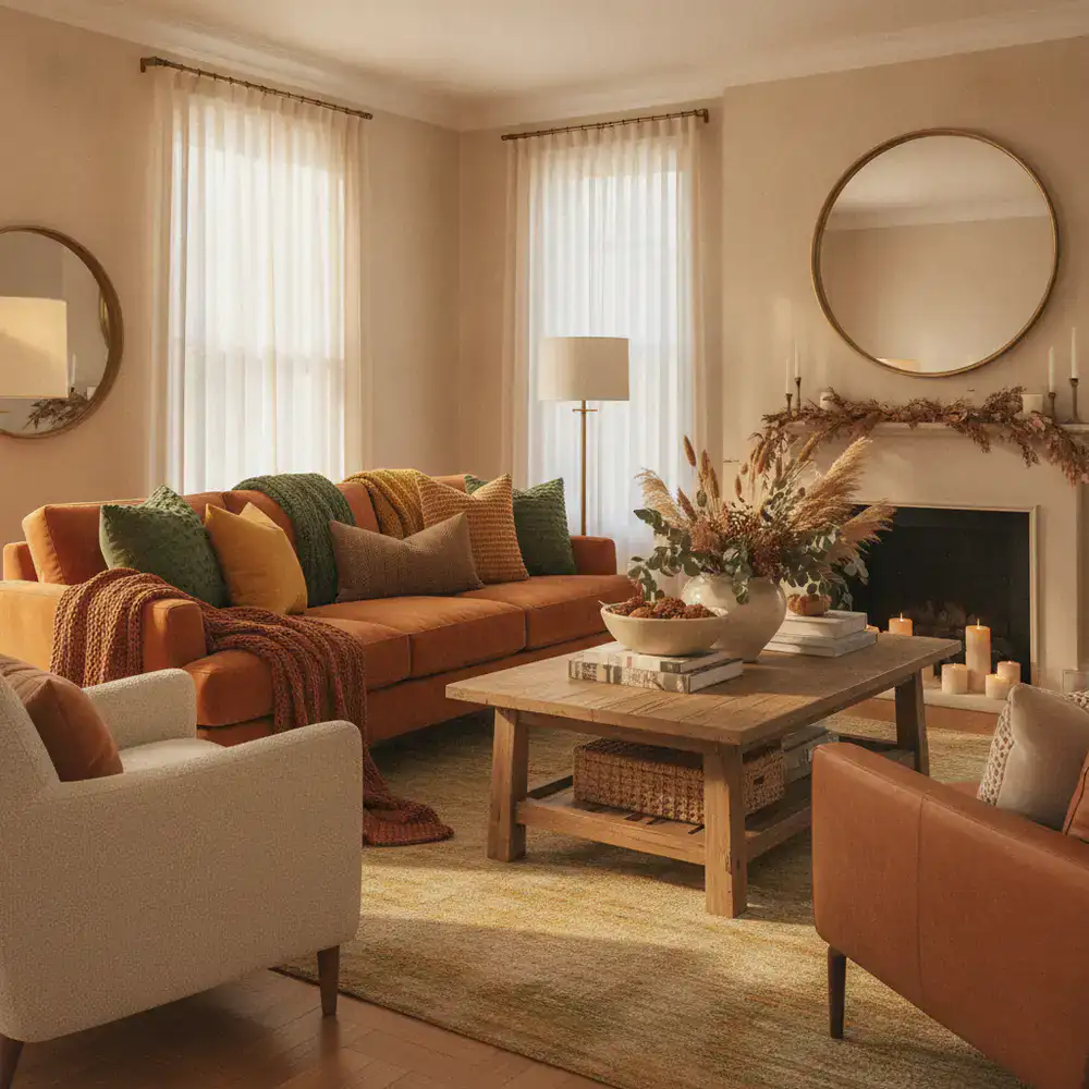 A softly lit living room showcasing warm seasonal colors and textured fabrics
